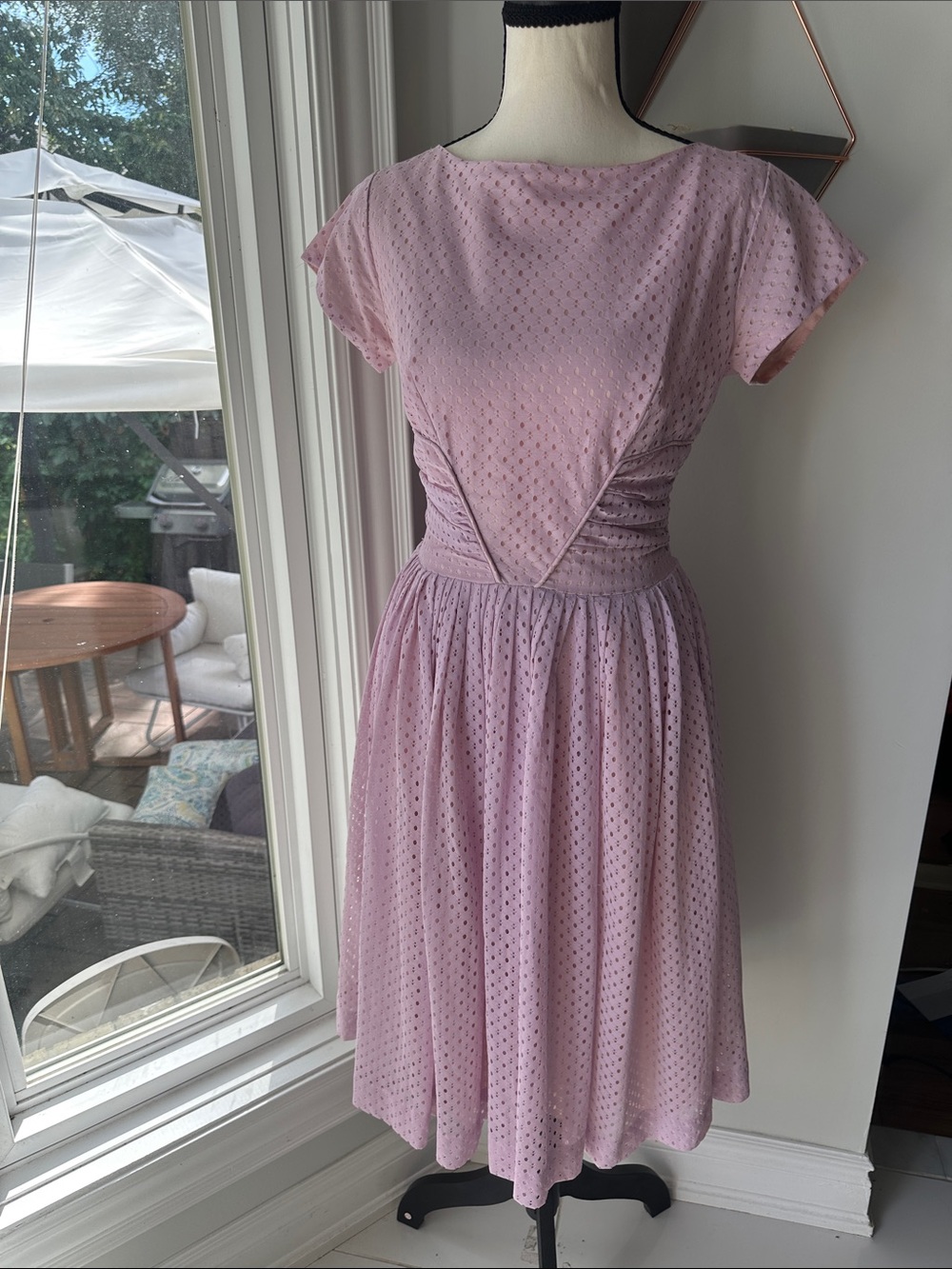 VINTAGE HANDMADE 80s Retro Pink Lilac Eyelet Fit & Flare Dress Size Small 4